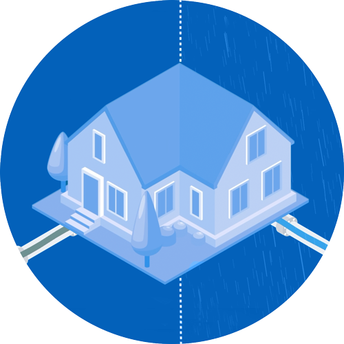 Grafik eines Hauses aus der Vogelperspektive, symbolisch aufgeteilt in die Seiten Schmutz- und Regenwasser