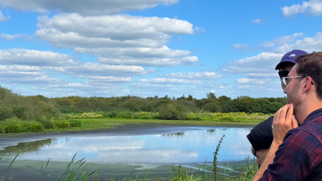 Zwei Personen blicken in ein Gewässer bzw. Torfbecken.