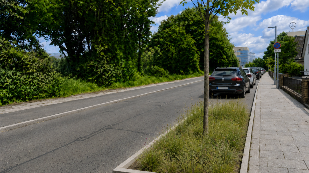 Straße mit einem Baum in einem Beet am Straßenrand