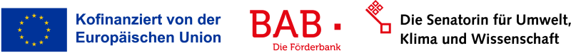 Logos: Konfinanziert von der EU, BAP Förderbank, Senatorin für Umwelt, Klime und Wissenschaft