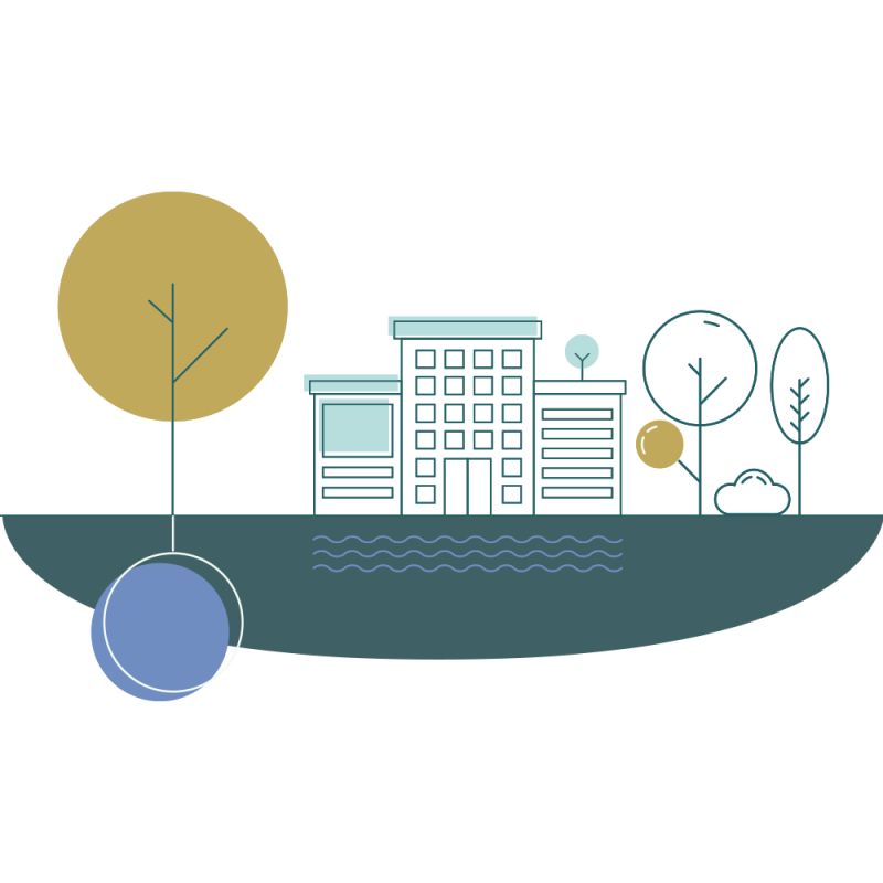 Künstlerische Grafik als Symbol für das Thema Schwammstadt. Sie zeigt anhand eines Querschnitts durch Natur und Bebauung, wie Bäume und das Erdreich Wasser aufnehmen und speichern können.
