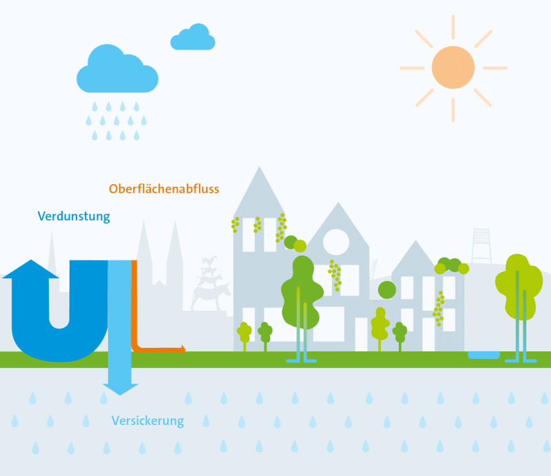 Schematische Darstellung Regenwasser in einer Schwammstadt: Das meiste Wasser verdunstet, viel versickert, und nur wenig fließt an der Oberfläche ab
