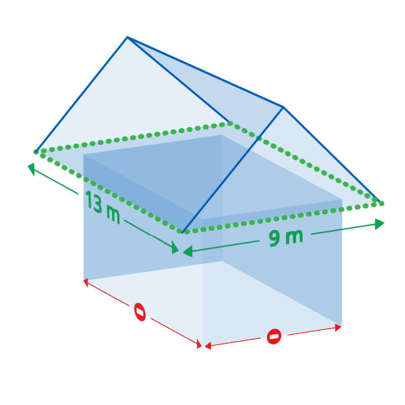 Schmatische Darstellung eines Hauses in 3D Ansicht mit eingezeichneten Messlängen: Die Außenkanten des Daches und nicht der Grundriss ist für die Berechnung entscheidend.
